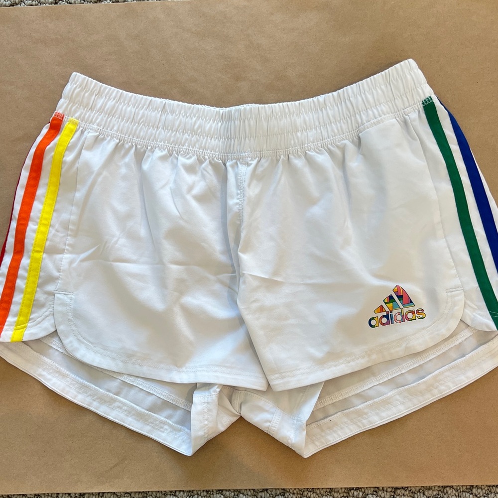 Adidas Pride White Rainbow 3 Stripe Women's Shorts size Small